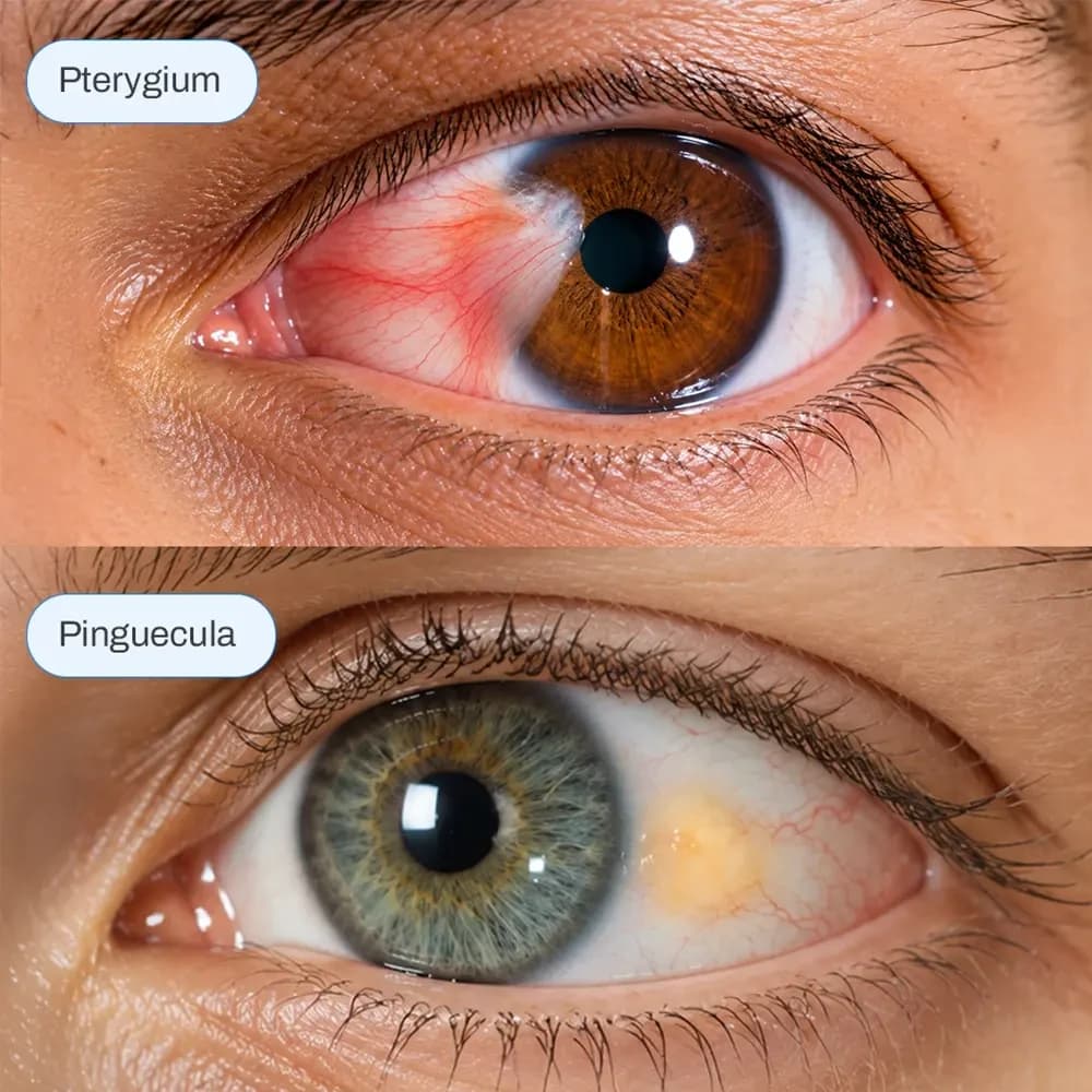 Side-by-side comparison of a pinguecula and a pterygium