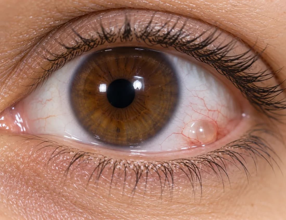 Close-up of a pinguecula on the conjunctiva
