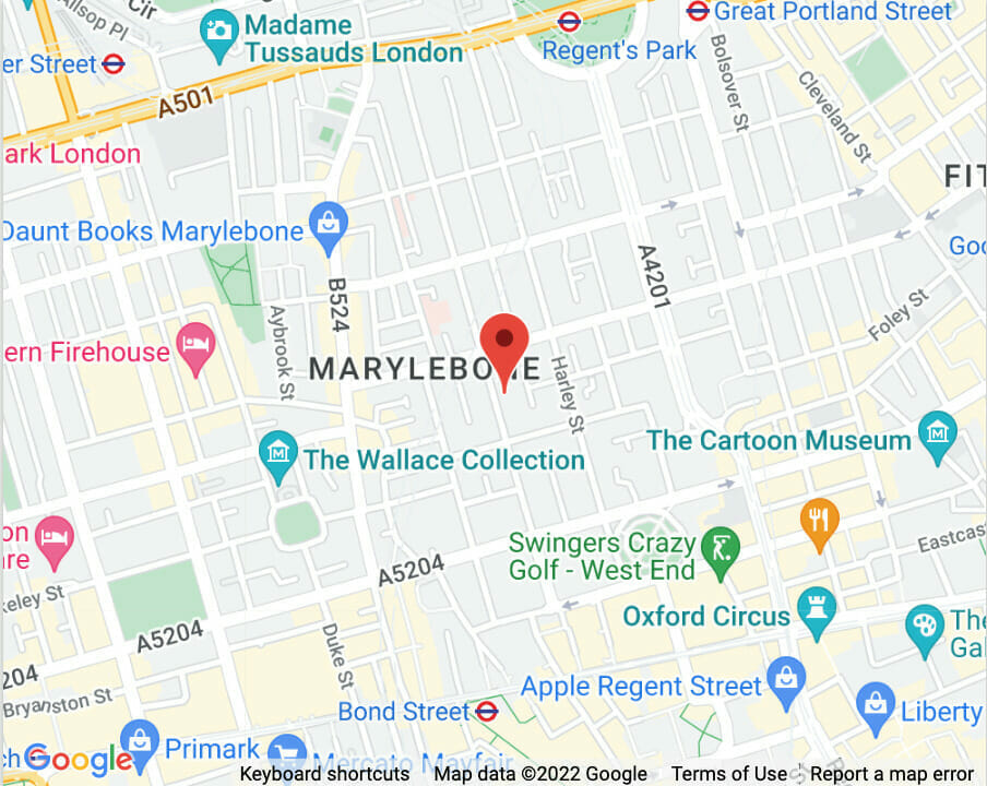 Eye Clinic London's location on Google Maps. The pin is dropped in Marylebone.
