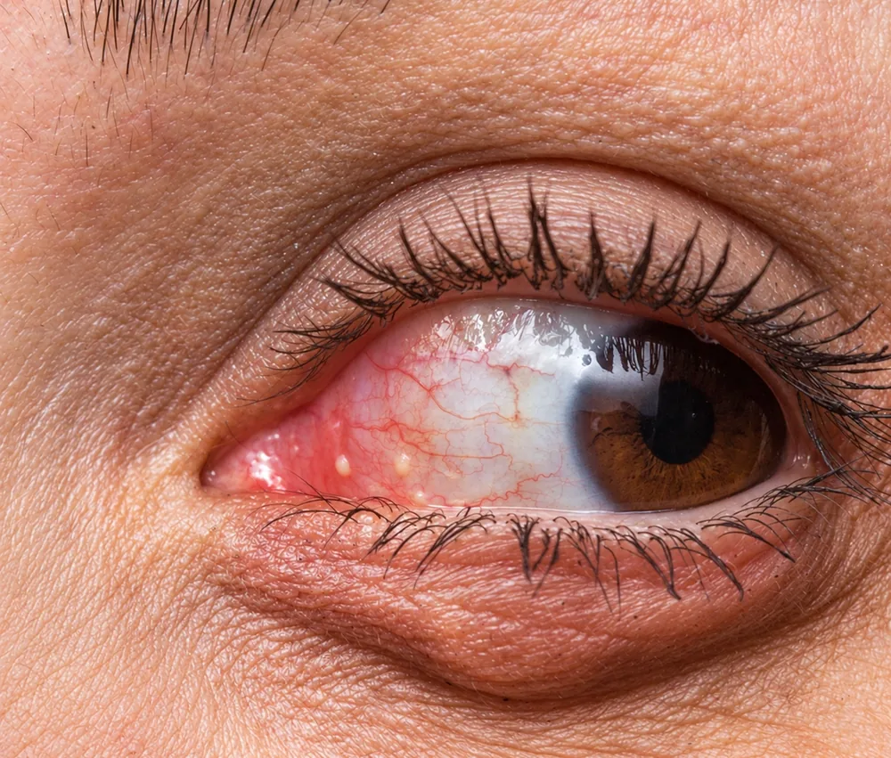 Inflamed eye with visible blood vessels