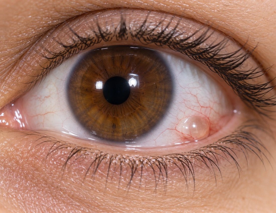 Close-up of a pinguecula on the conjunctiva