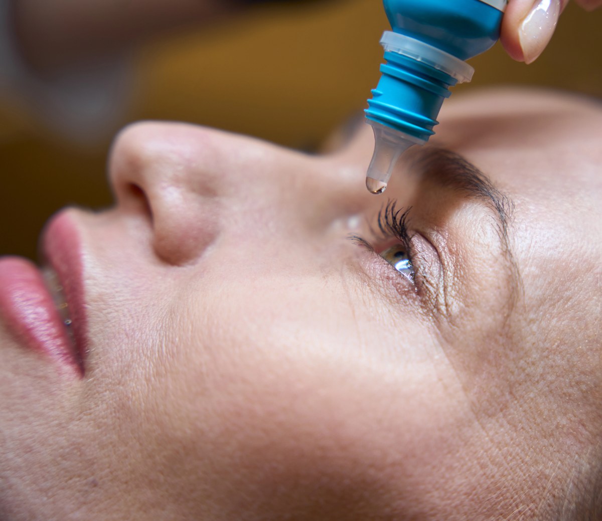 Lubricating drops being instilled into the eye