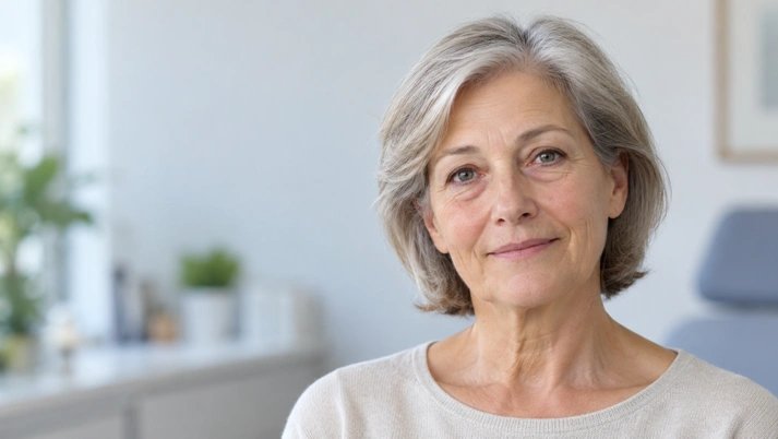 Smiling older woman at an eye clinic consultation