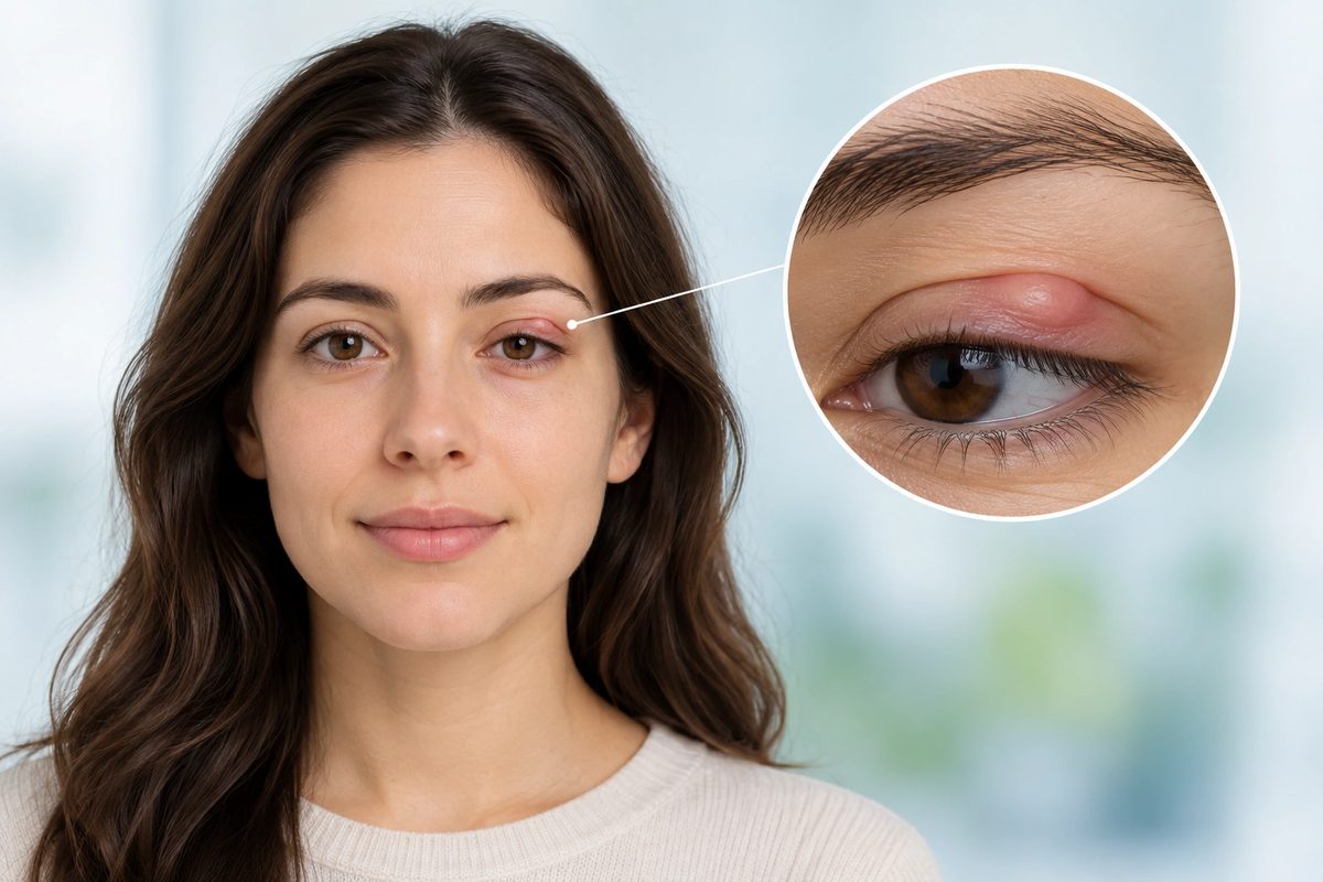 Woman with a chalazion on the upper eyelid, shown close up